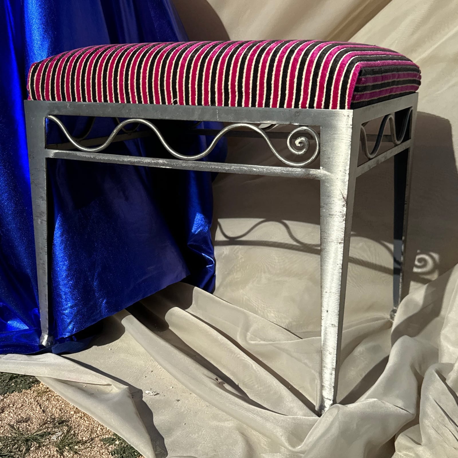 Postmodern Steel Swirl Stool With Striped Velvet Seat - Monte Visión