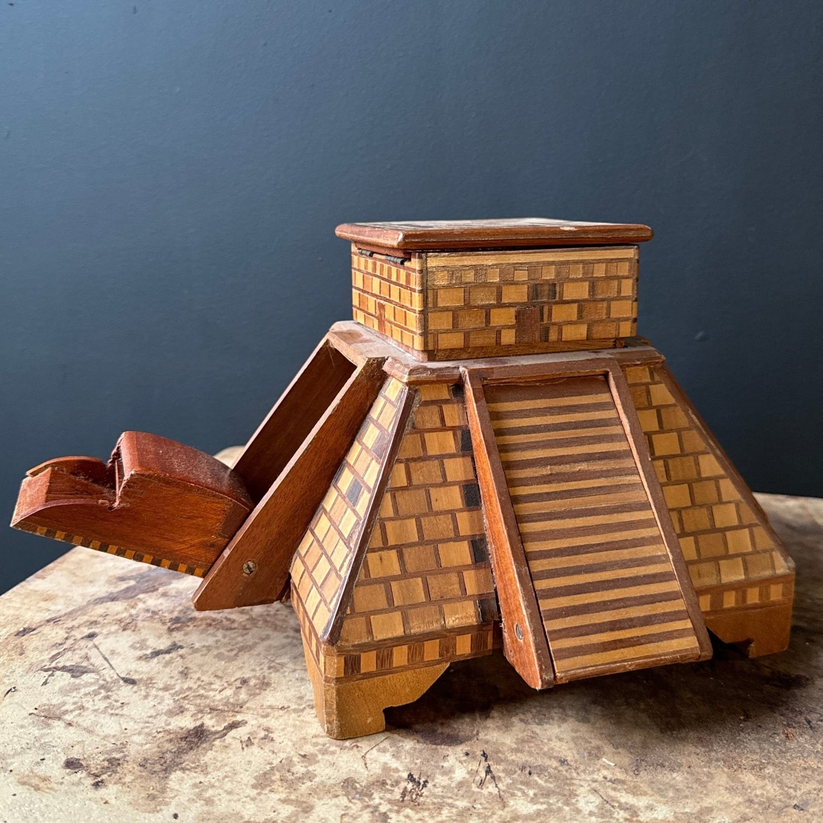 1970's Mexican Wood Marquetry Chichen Itza Cigarette & Matches Trinket Box - Monte Visión