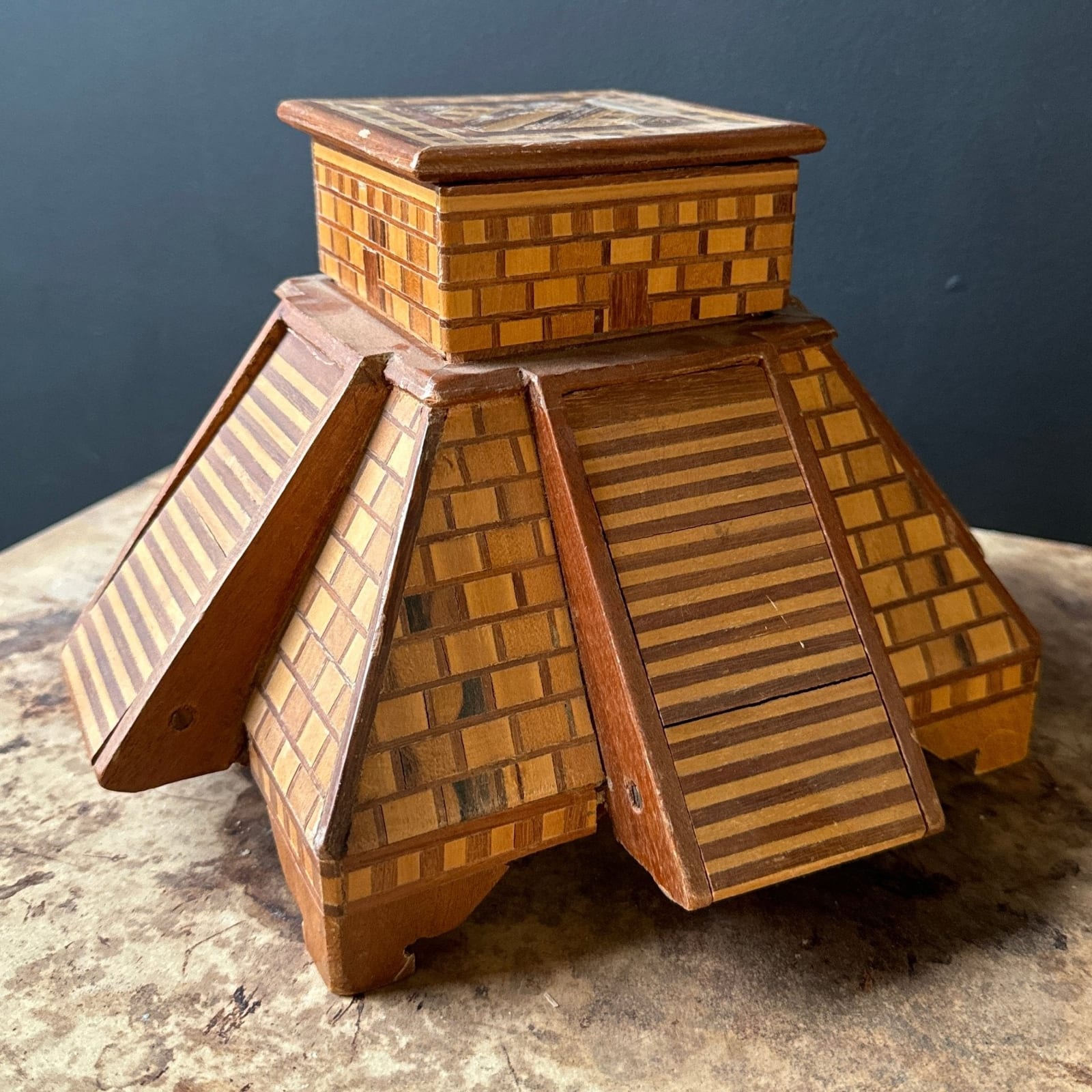 1970's Mexican Wood Marquetry Chichen Itza Cigarette & Matches Trinket Box - Monte Visión