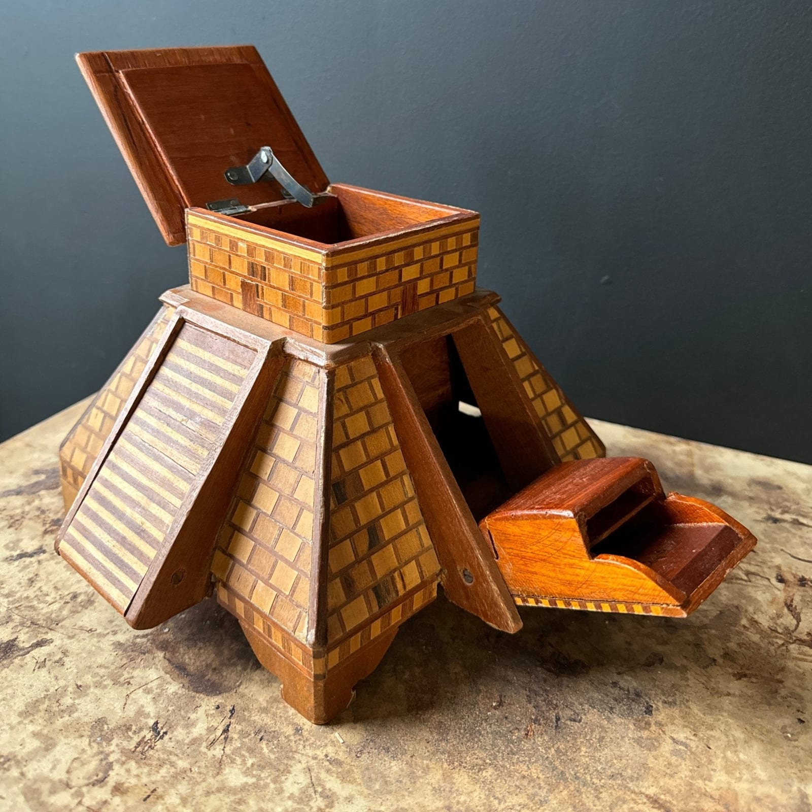 1970's Mexican Wood Marquetry Chichen Itza Cigarette & Matches Trinket Box - Monte Visión