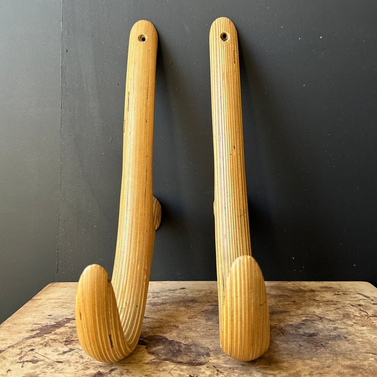 1970's Stacked Laminated Plywood Oversized Wall Hooks- Set of 2. - Monte Visión
