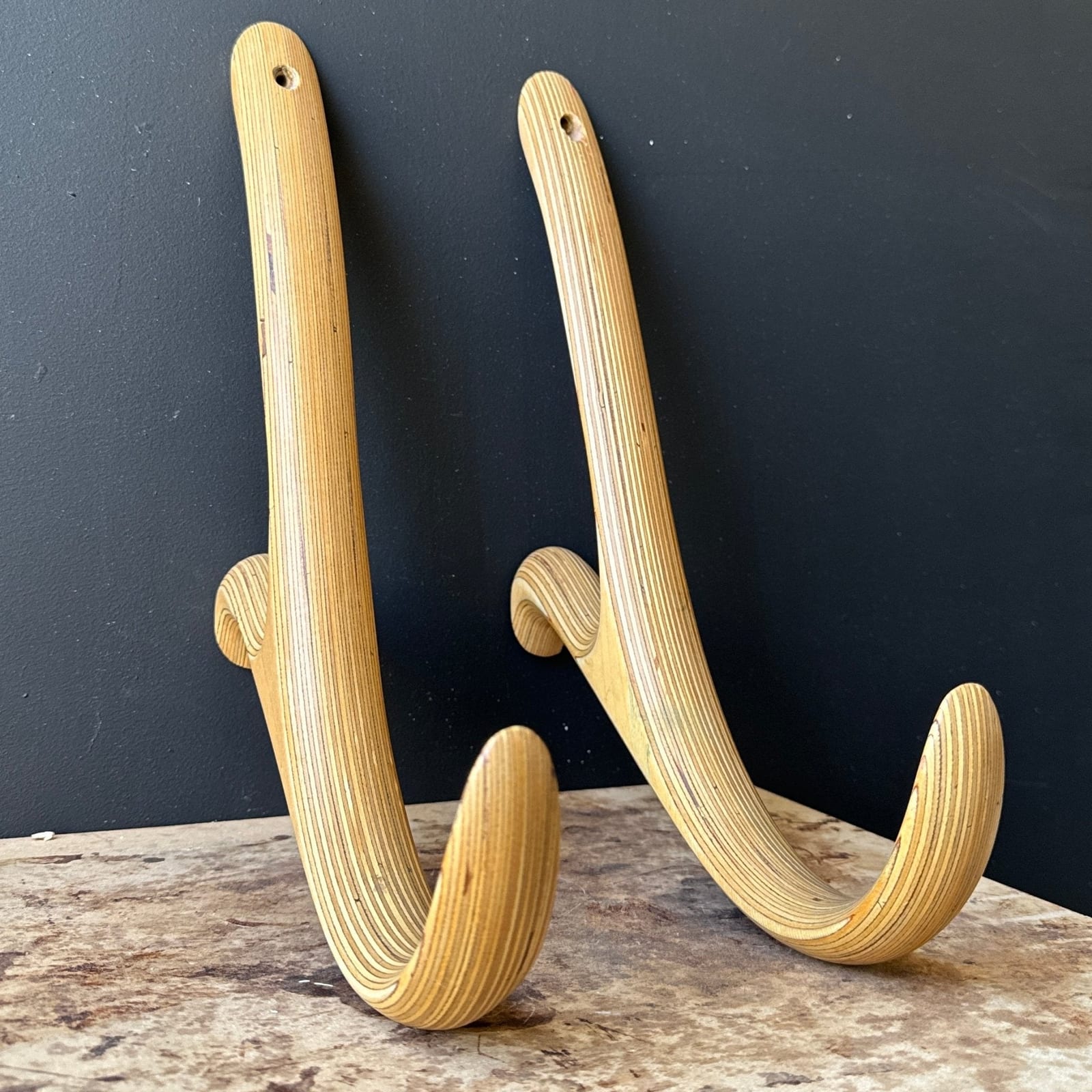 1970's Stacked Laminated Plywood Oversized Wall Hooks- Set of 2. - Monte Visión