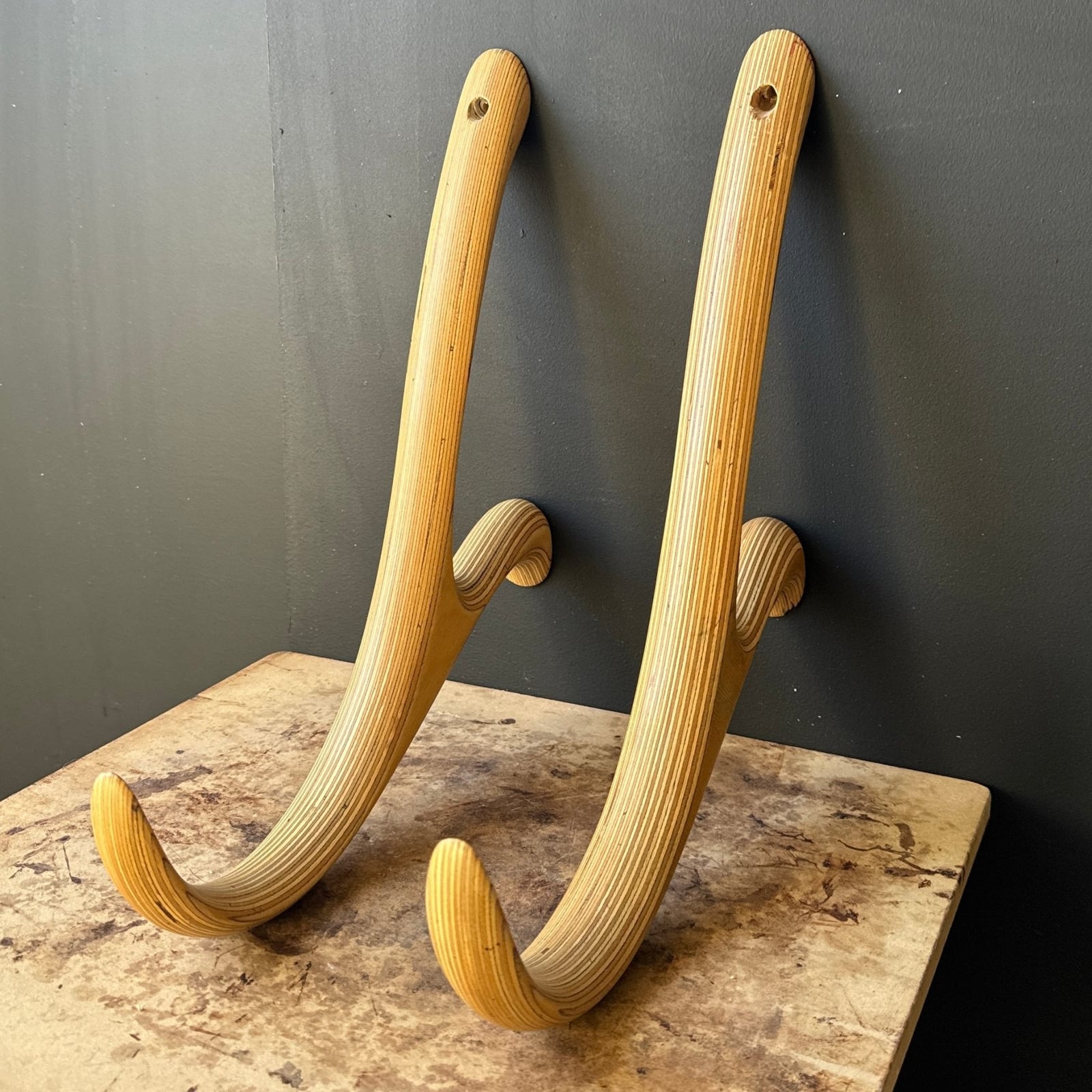 1970's Stacked Laminated Plywood Oversized Wall Hooks- Set of 2. - Monte Visión