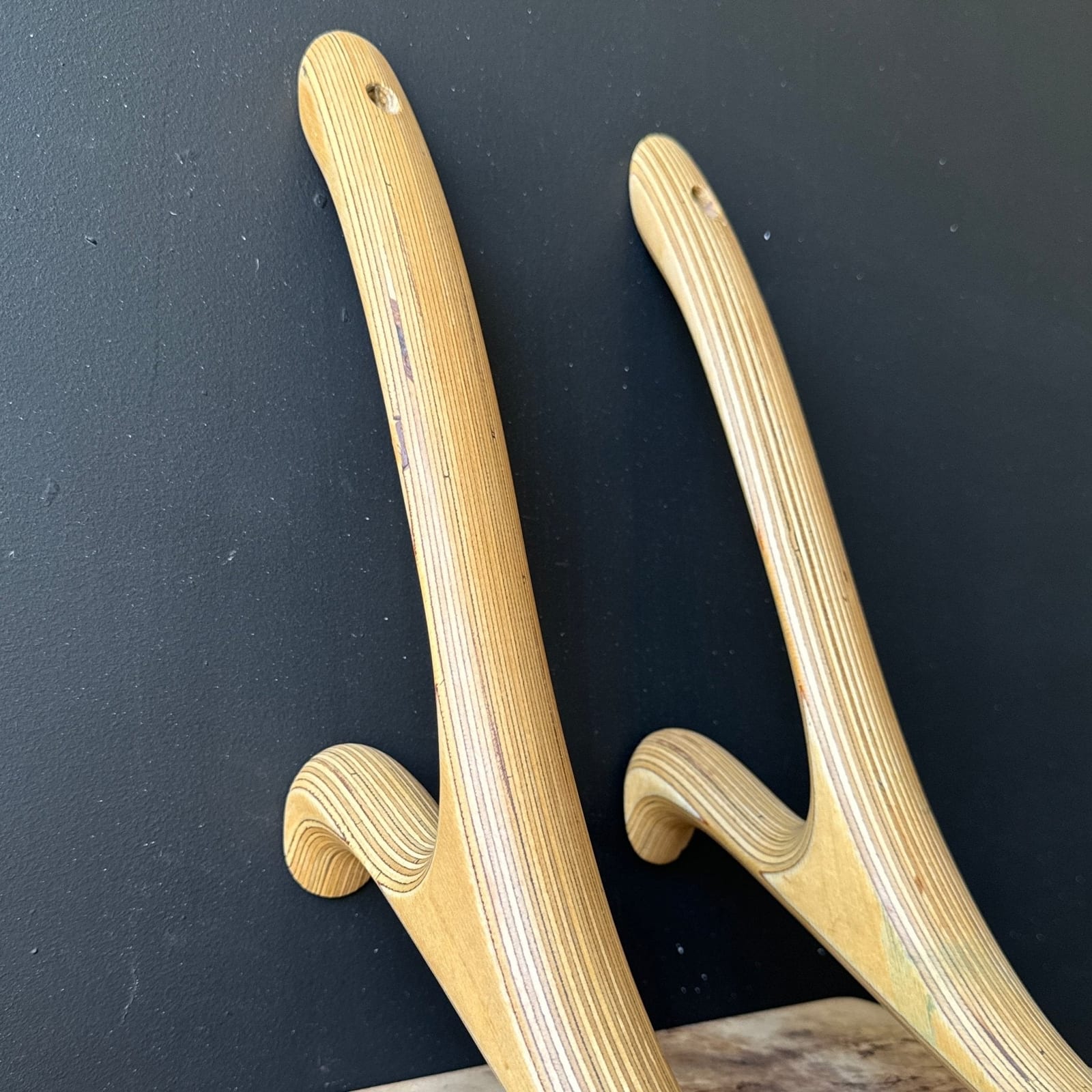 1970's Stacked Laminated Plywood Oversized Wall Hooks- Set of 2. - Monte Visión