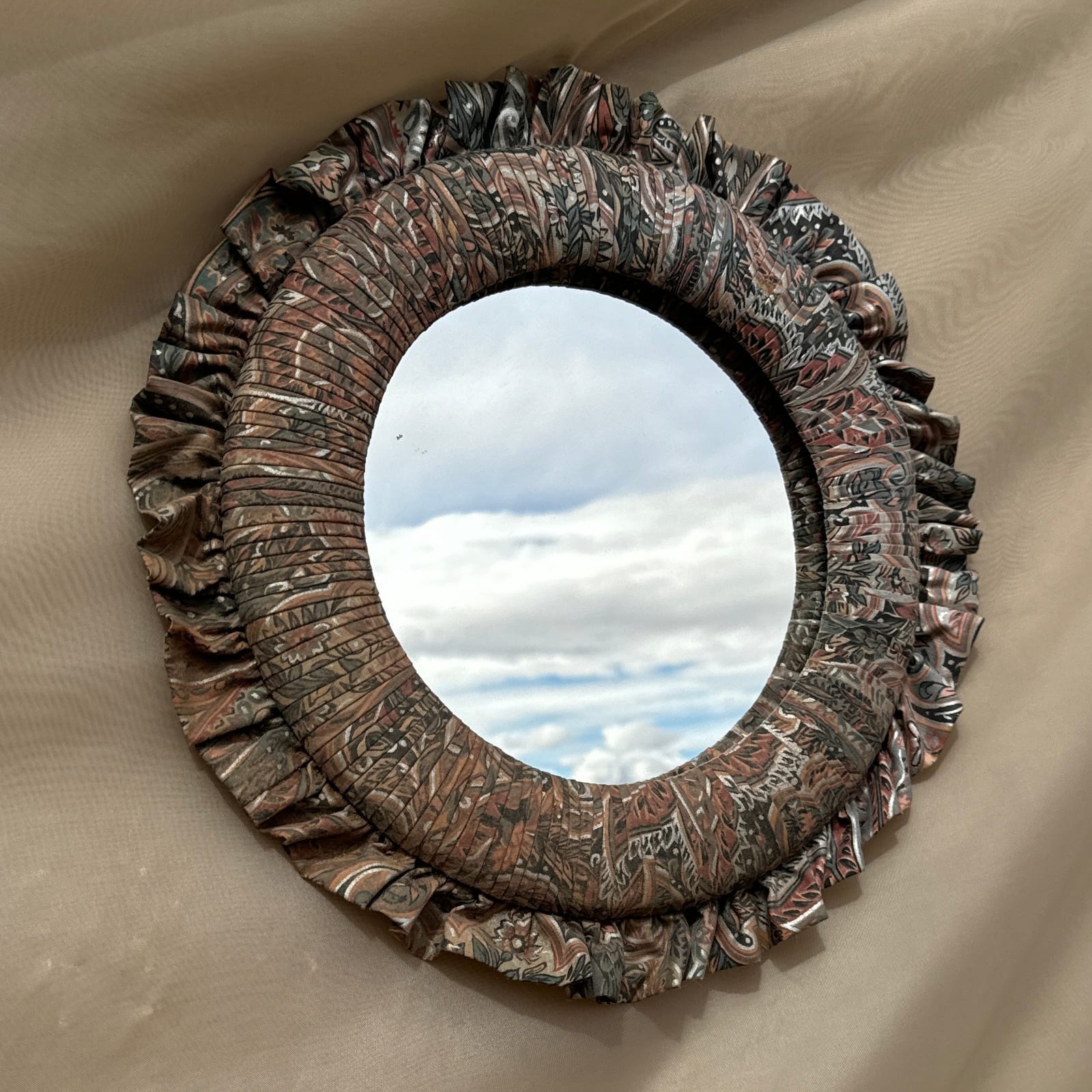 1980's Craft Fabric Round Ruffle Mirror - Monte Visión