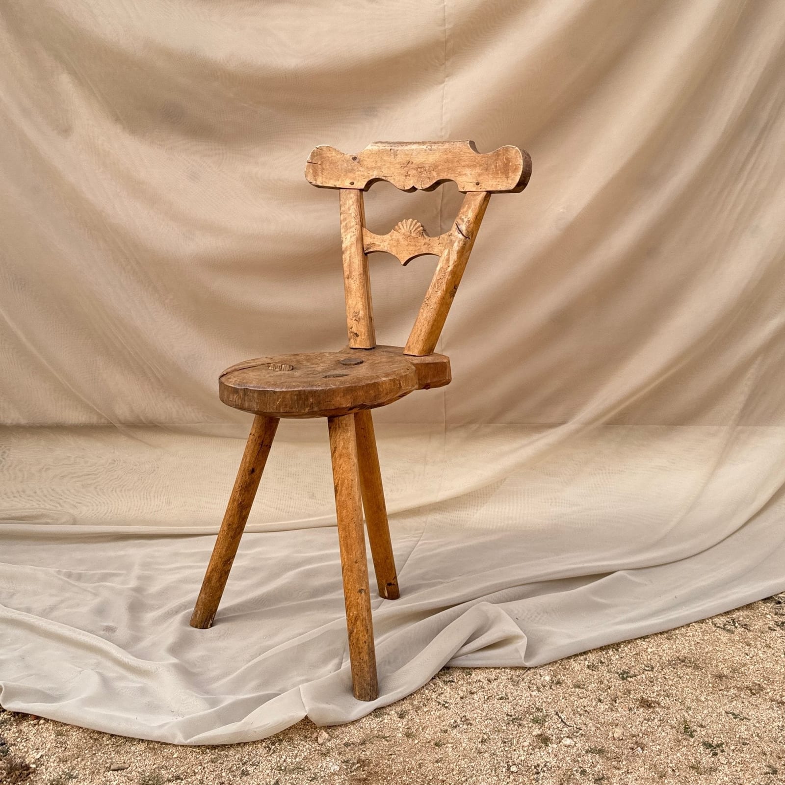Antique Hand-Made Rustic 3-Legged Wood Chair - Monte Visión