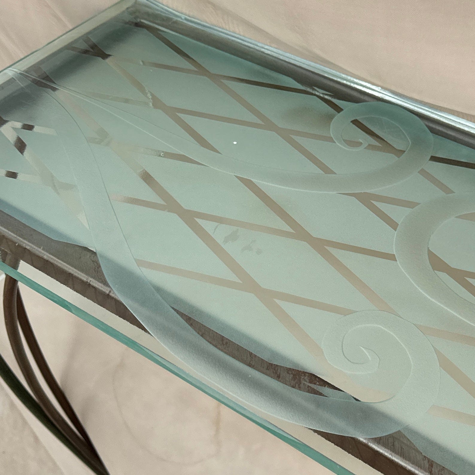 Postmodern Steel & Etched Glass Swirl Motif Wall-Mounted Console - Monte Visión