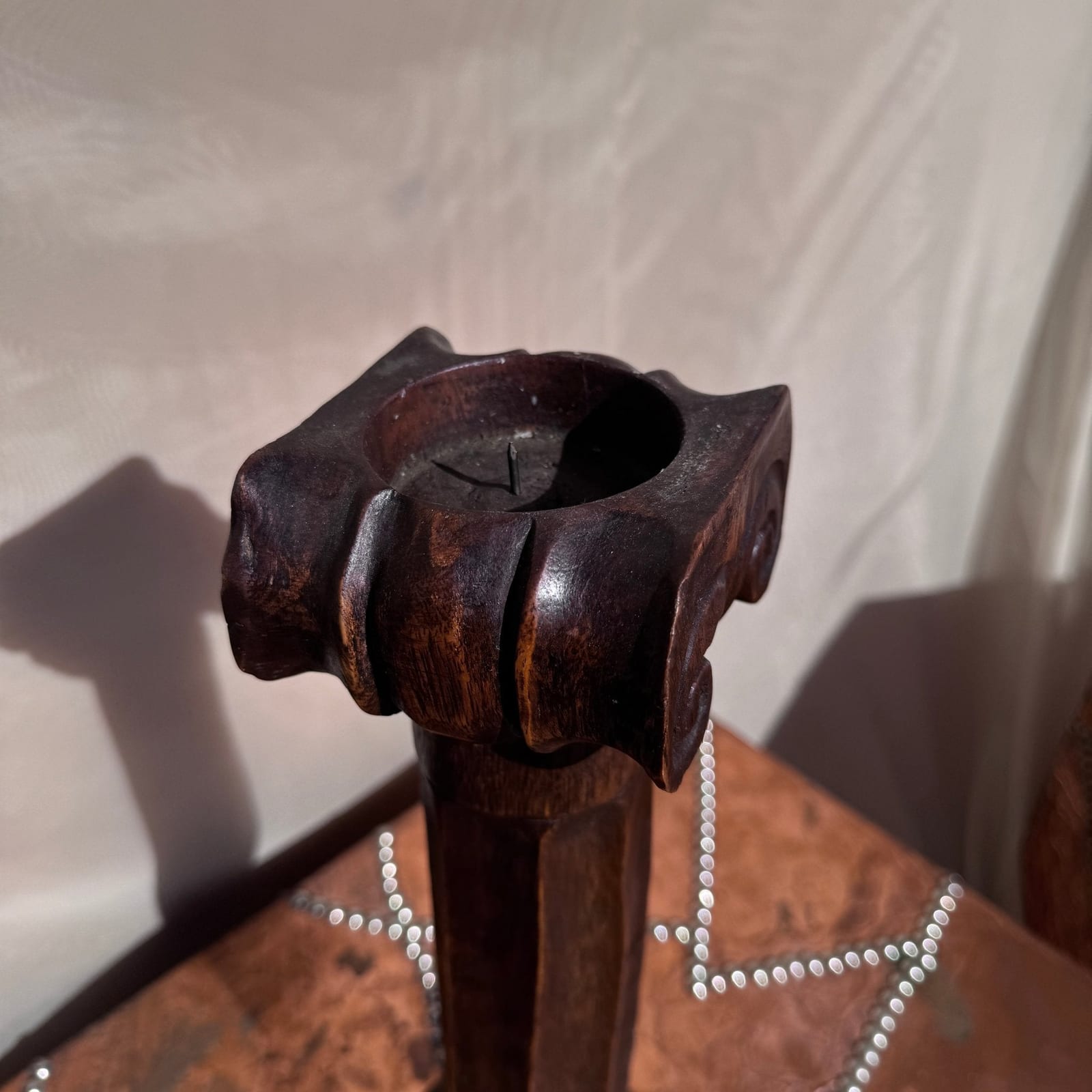 Tall Vintage Hand Carved Wood Scroll Candle Stick - Monte Visión