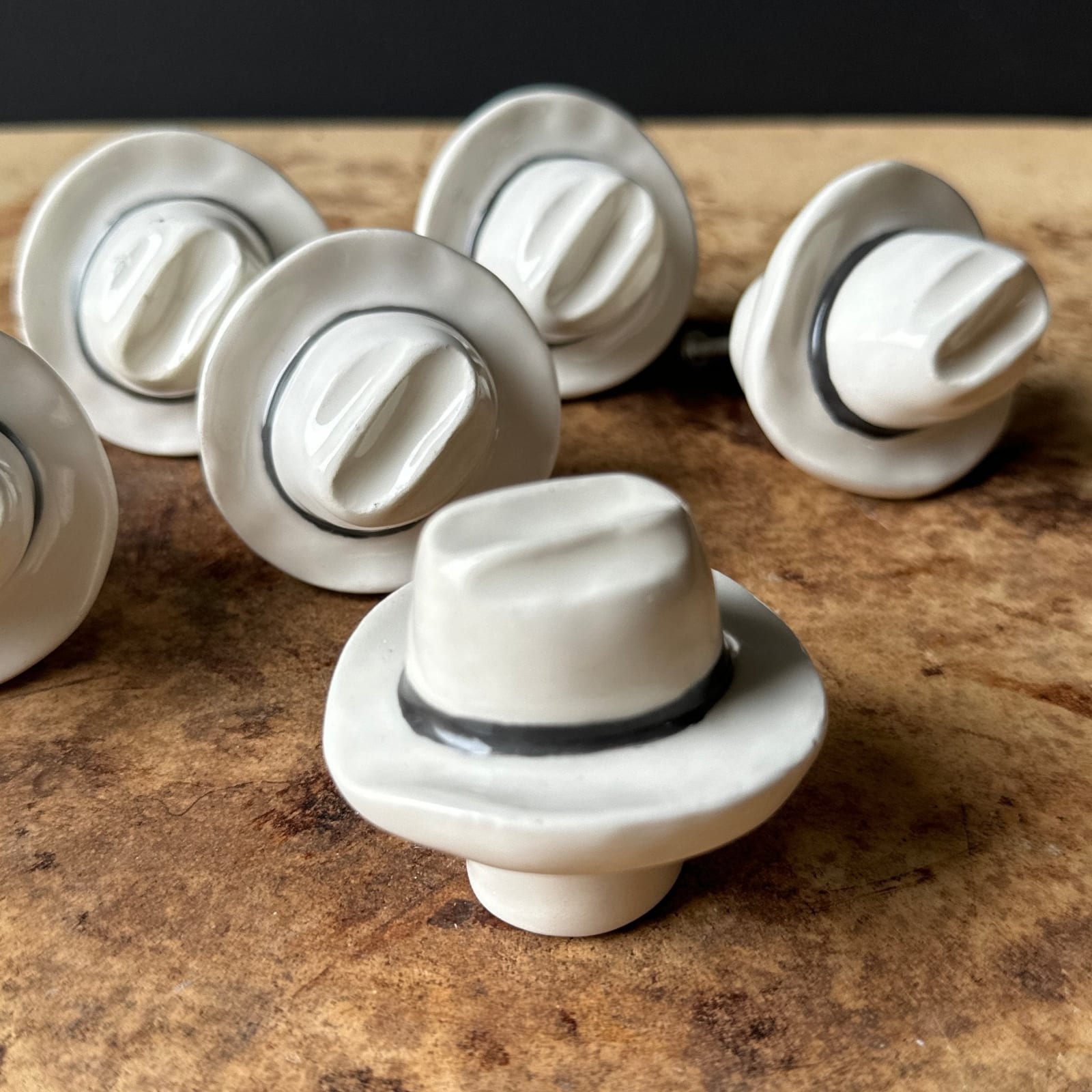 Vintage Artist-Made Ceramic Cowboy Hat Cabinet Pulls- Set of 6 - Monte Visión