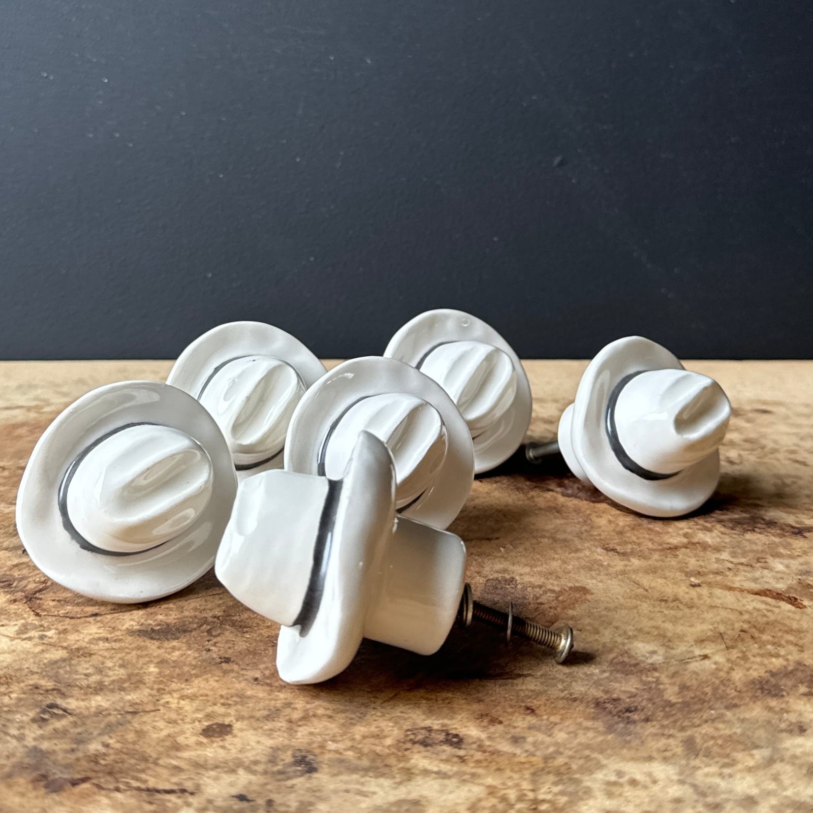Vintage Artist-Made Ceramic Cowboy Hat Cabinet Pulls- Set of 6 - Monte Visión