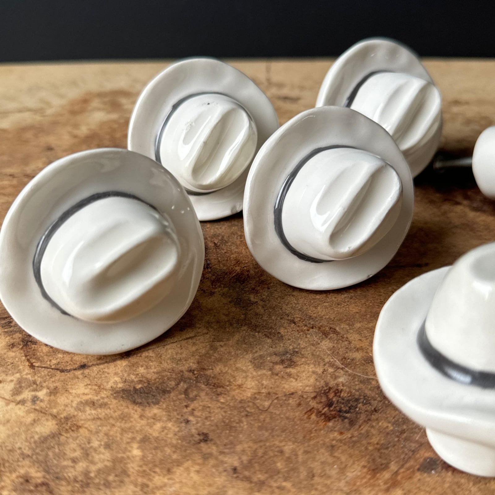 Vintage Artist-Made Ceramic Cowboy Hat Cabinet Pulls- Set of 6 - Monte Visión