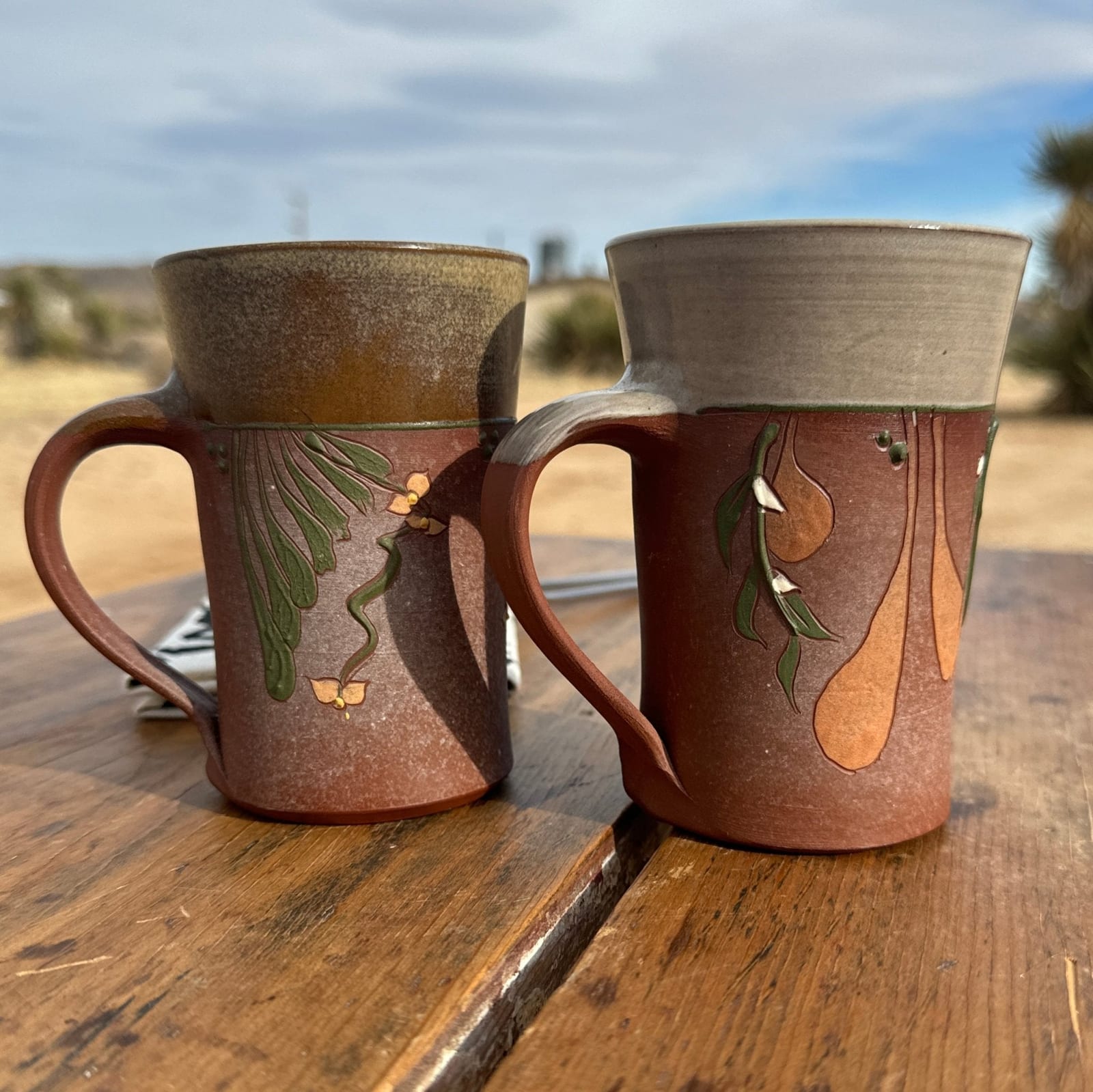 Vintage Artist-Made Matte Glazed Leaf & Flower Mugs- Set of 2 - Monte Visión