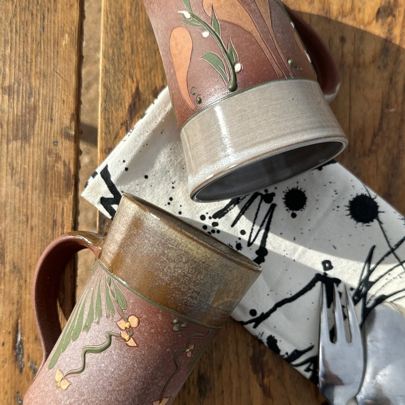 Vintage Artist-Made Matte Glazed Leaf & Flower Mugs- Set of 2 - Monte Visión