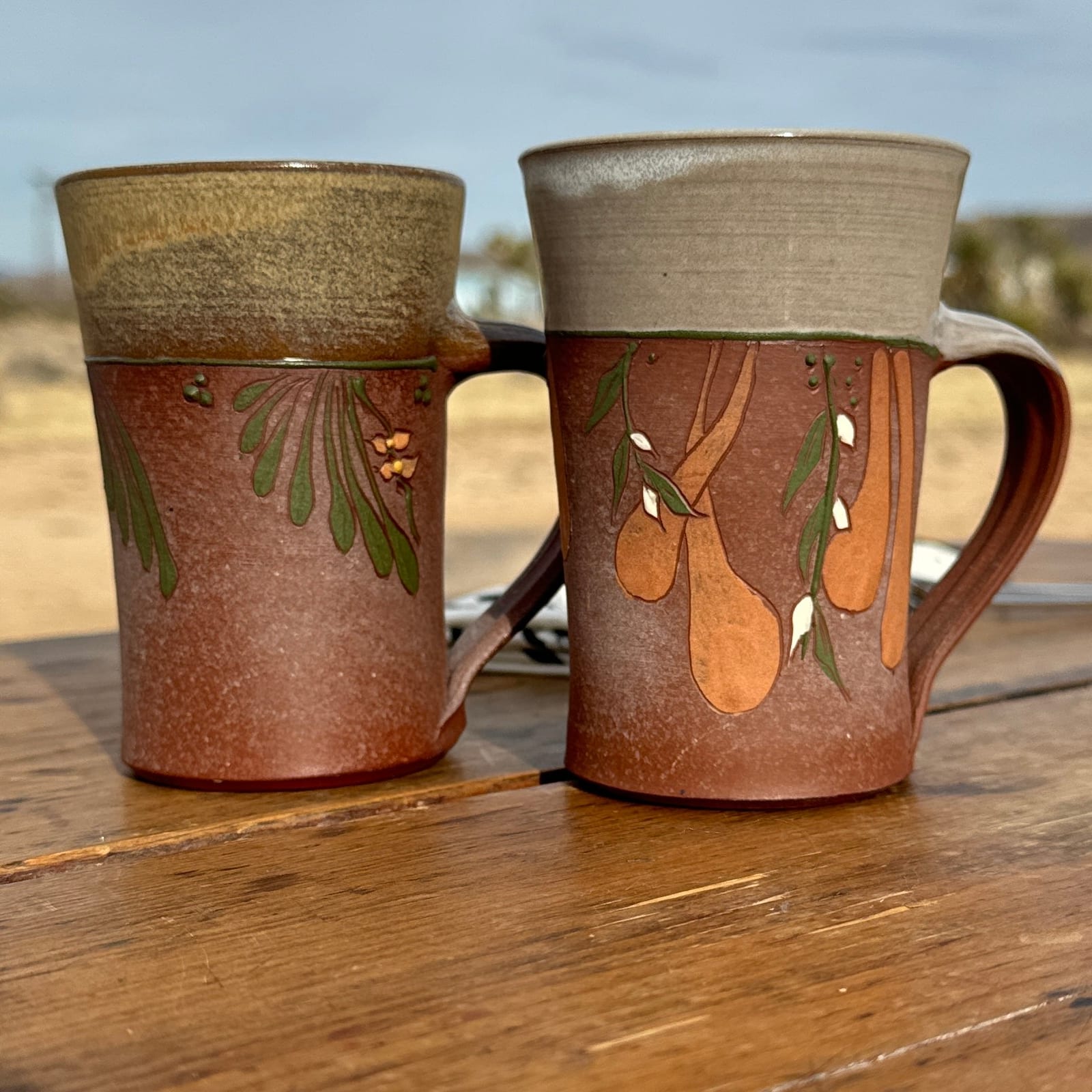 Vintage Artist-Made Matte Glazed Leaf & Flower Mugs- Set of 2 - Monte Visión