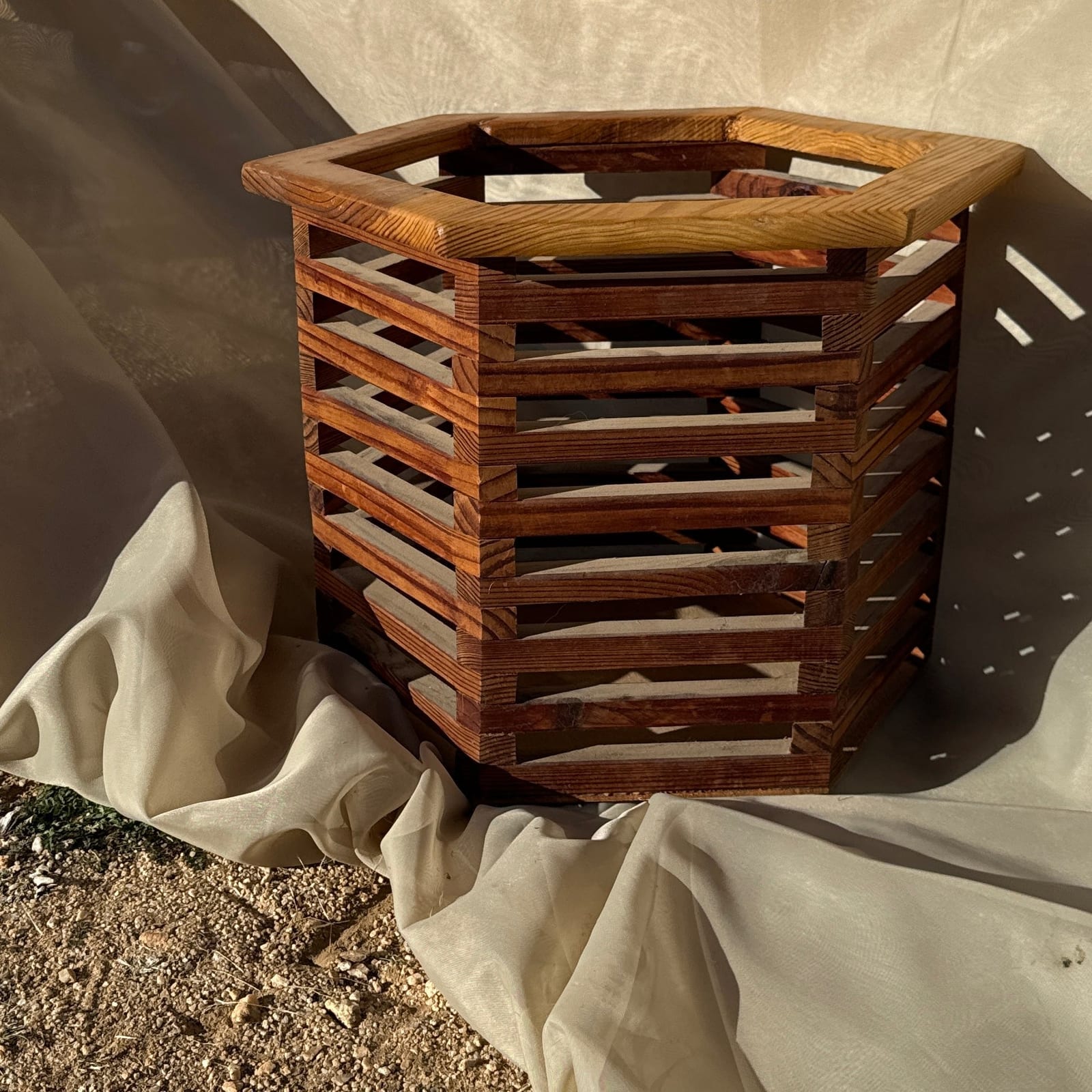 Vintage Artist-Made Wood Slat-Construction Storage Basket - Monte Visión