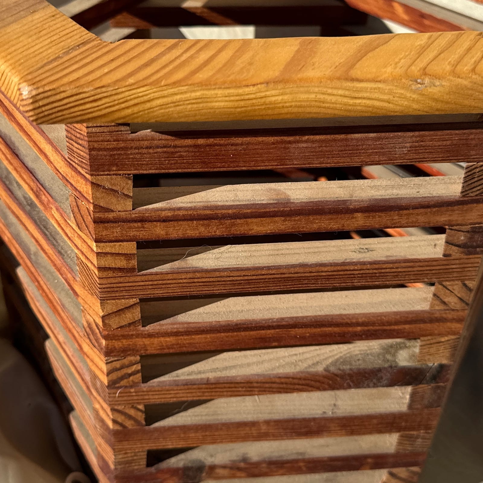 Vintage Artist-Made Wood Slat-Construction Storage Basket - Monte Visión