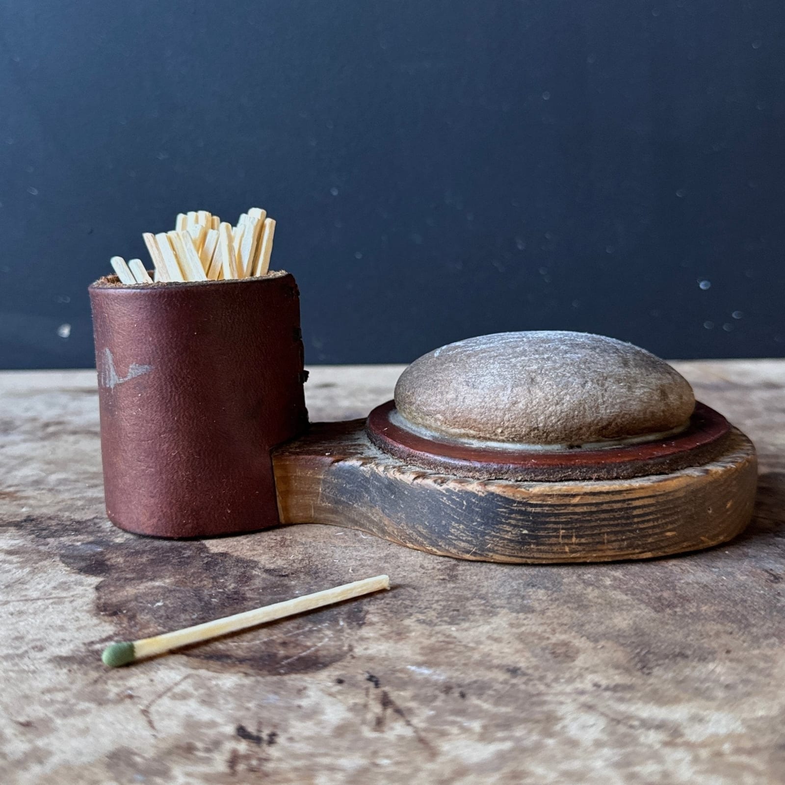 Vintage French Artist-Made Leather & Stone Match Striker - Monte Visión