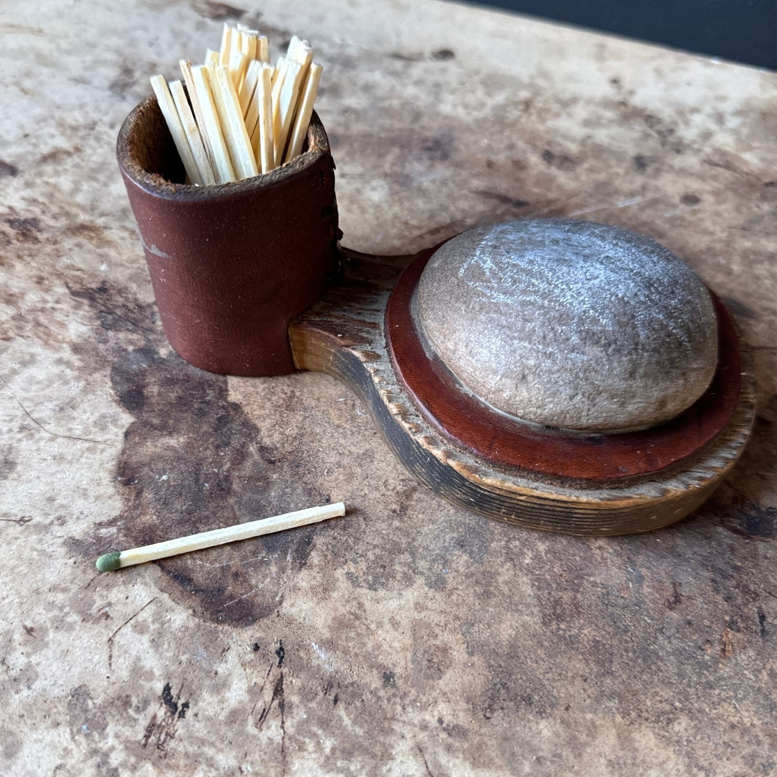Vintage French Artist-Made Leather & Stone Match Striker - Monte Visión