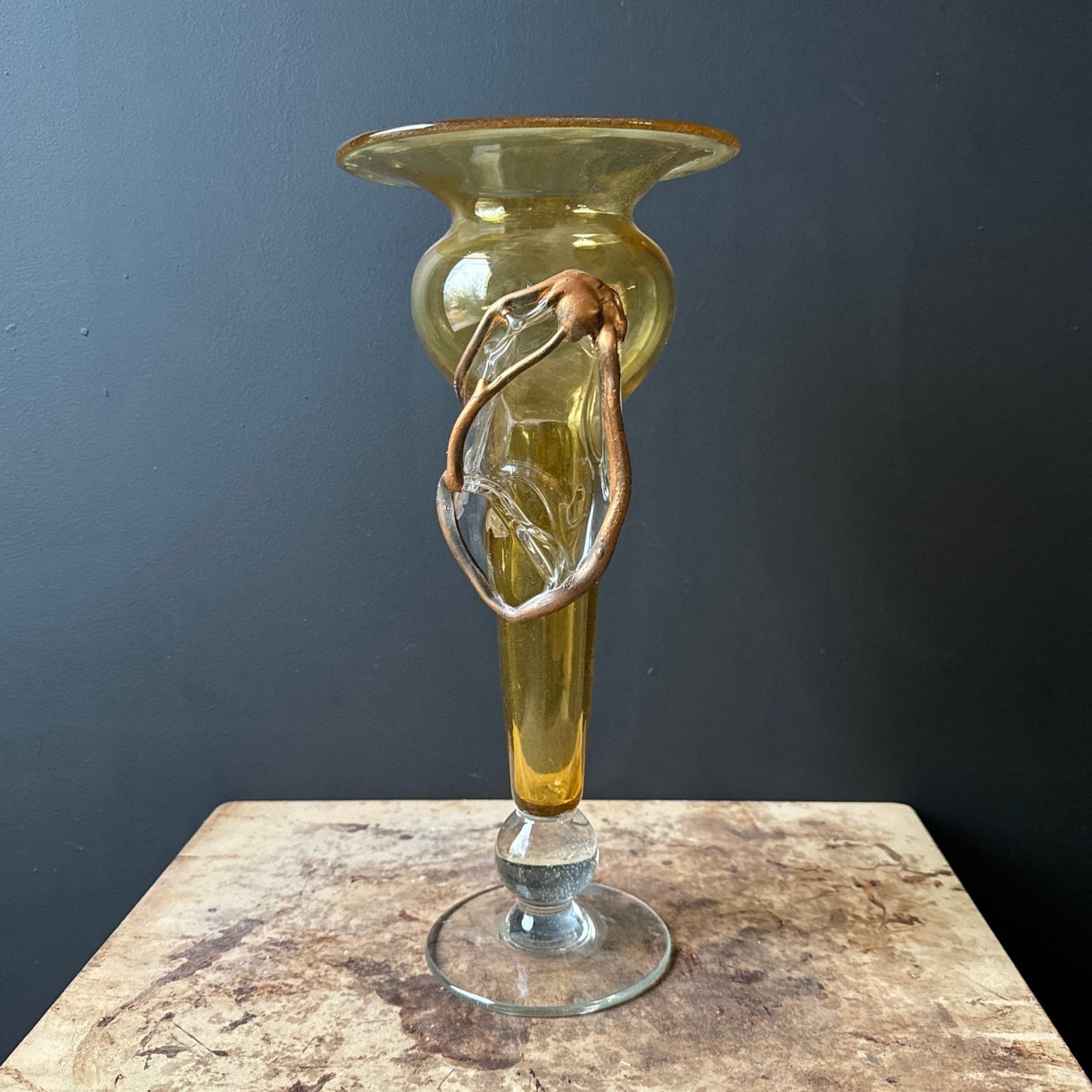 Vintage Large Yellow Artist-Made Vase With Gold Glass Detail - Monte Visión