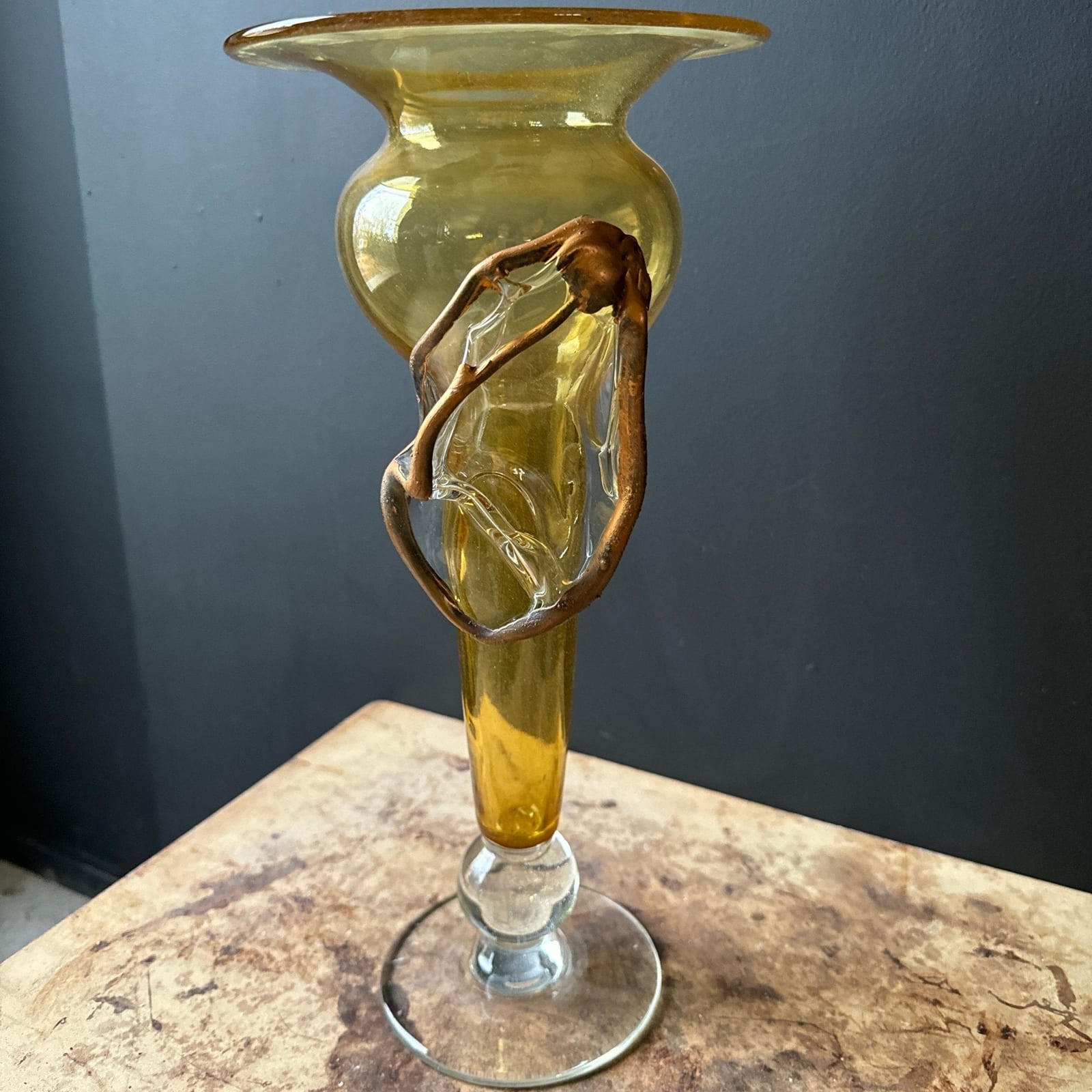 Vintage Large Yellow Artist-Made Vase With Gold Glass Detail - Monte Visión