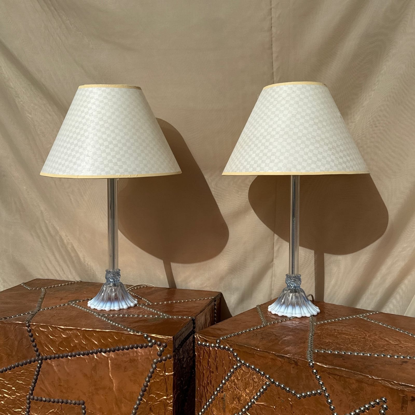 Vintage Lilac Glass Table Lamps w/ Yellow Gingham Shades - Monte Visión