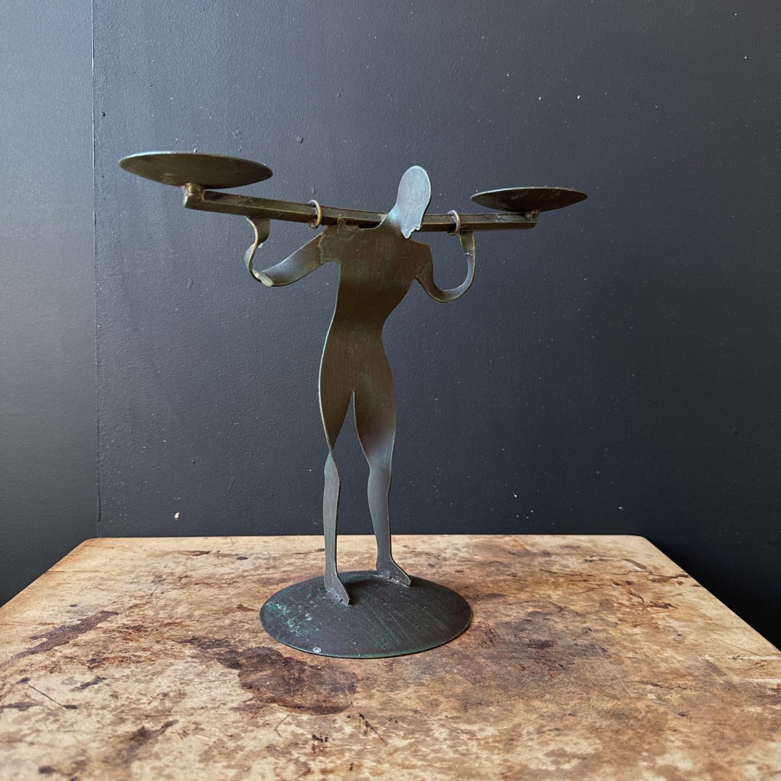 Vintage Postmodern Metal Weightlifter Double Candlestick - Monte Visión