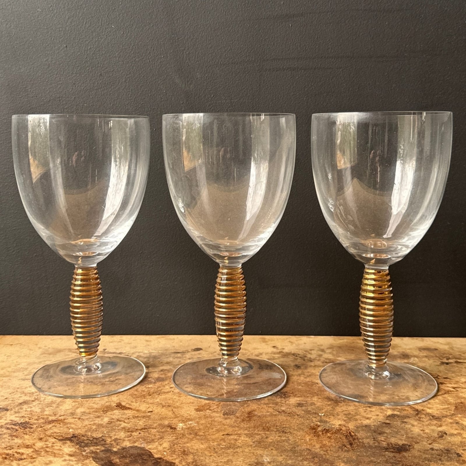 Vintage Rare Anna Ehrner Kosta Boda Gold Spiral Stem Wine Glasses- Set of 8 - Monte Visión