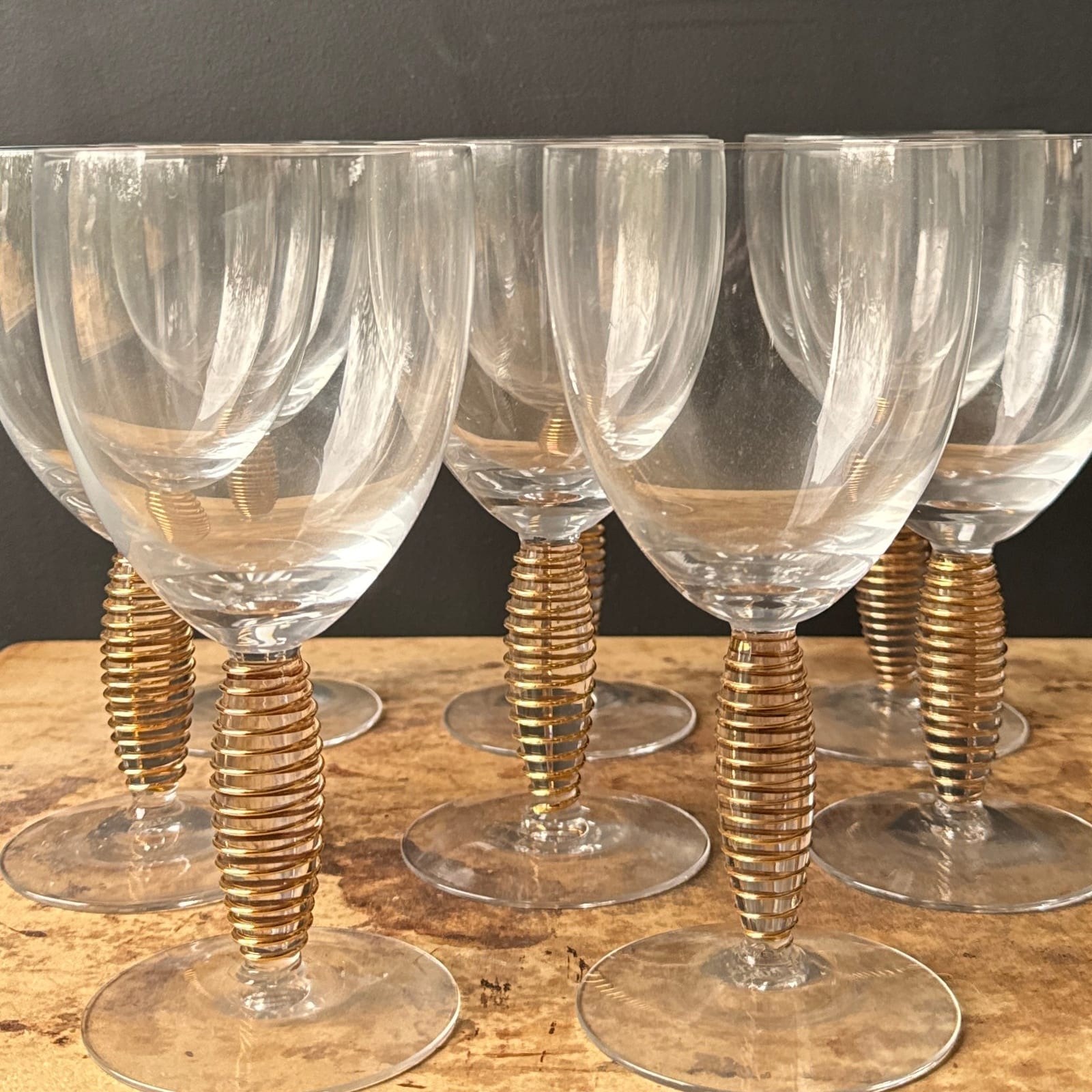 Vintage Rare Anna Ehrner Kosta Boda Gold Spiral Stem Wine Glasses- Set of 8 - Monte Visión