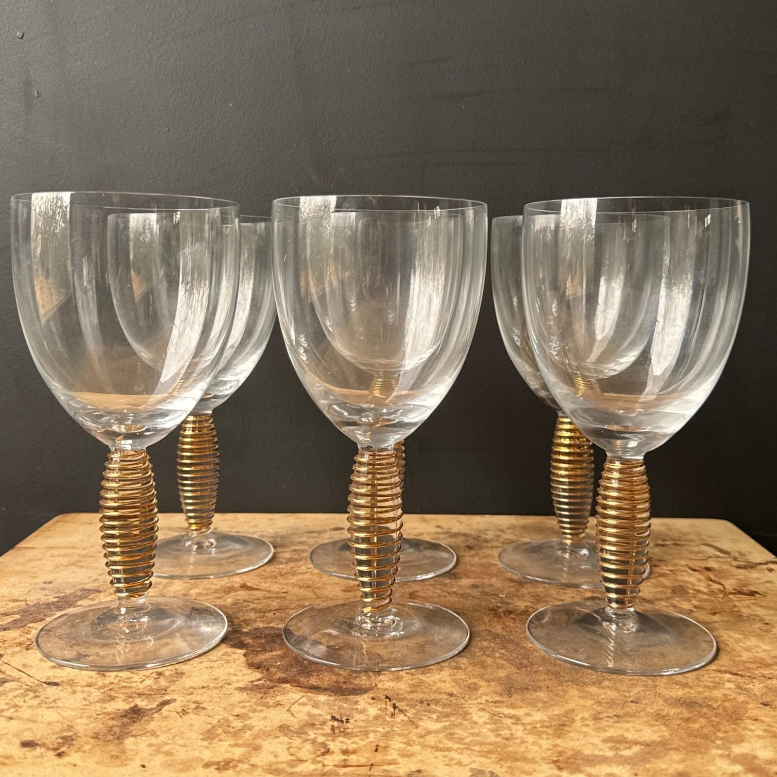 Vintage Rare Anna Ehrner Kosta Boda Gold Spiral Stem Wine Glasses- Set of 8 - Monte Visión