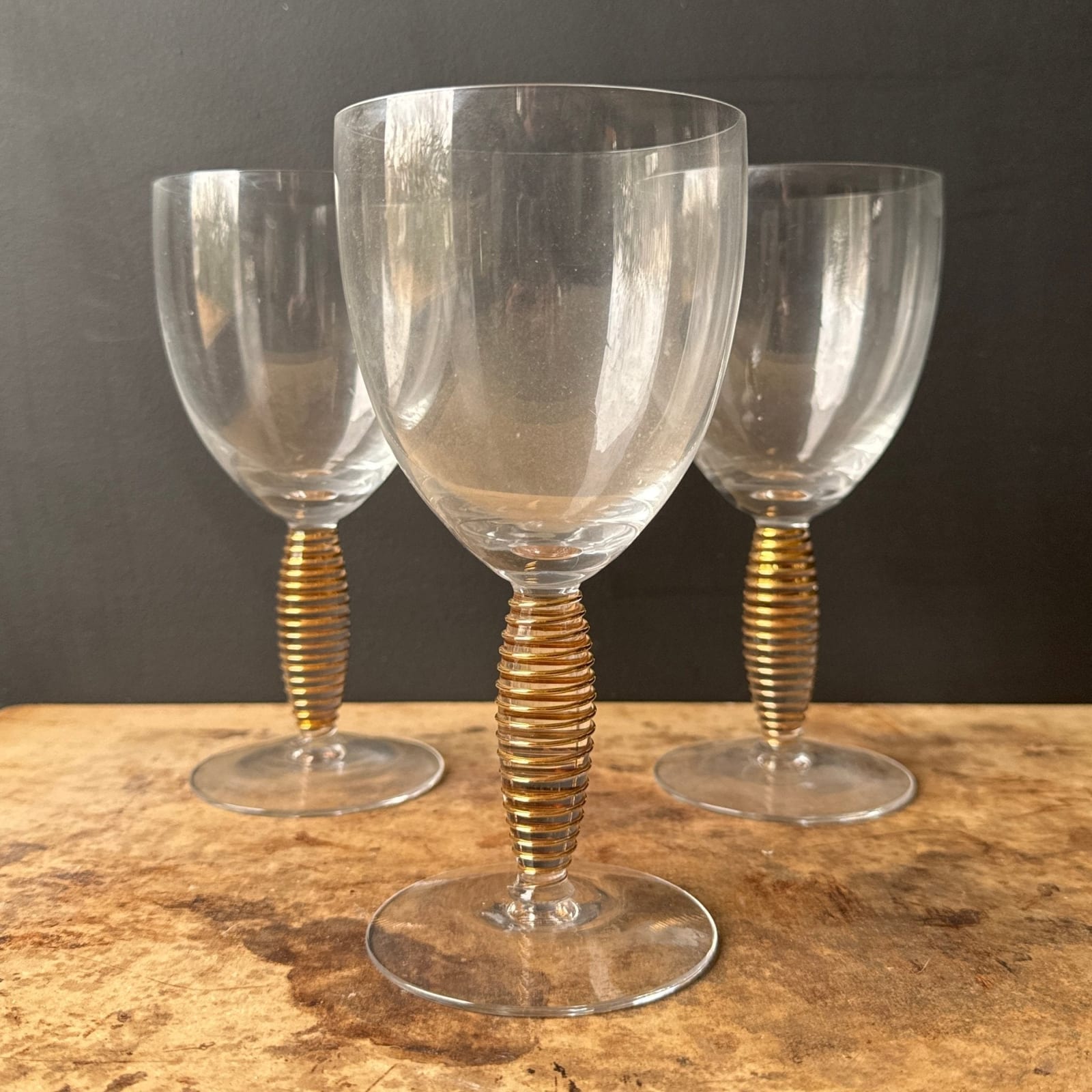 Vintage Rare Anna Ehrner Kosta Boda Gold Spiral Stem Wine Glasses- Set of 8 - Monte Visión